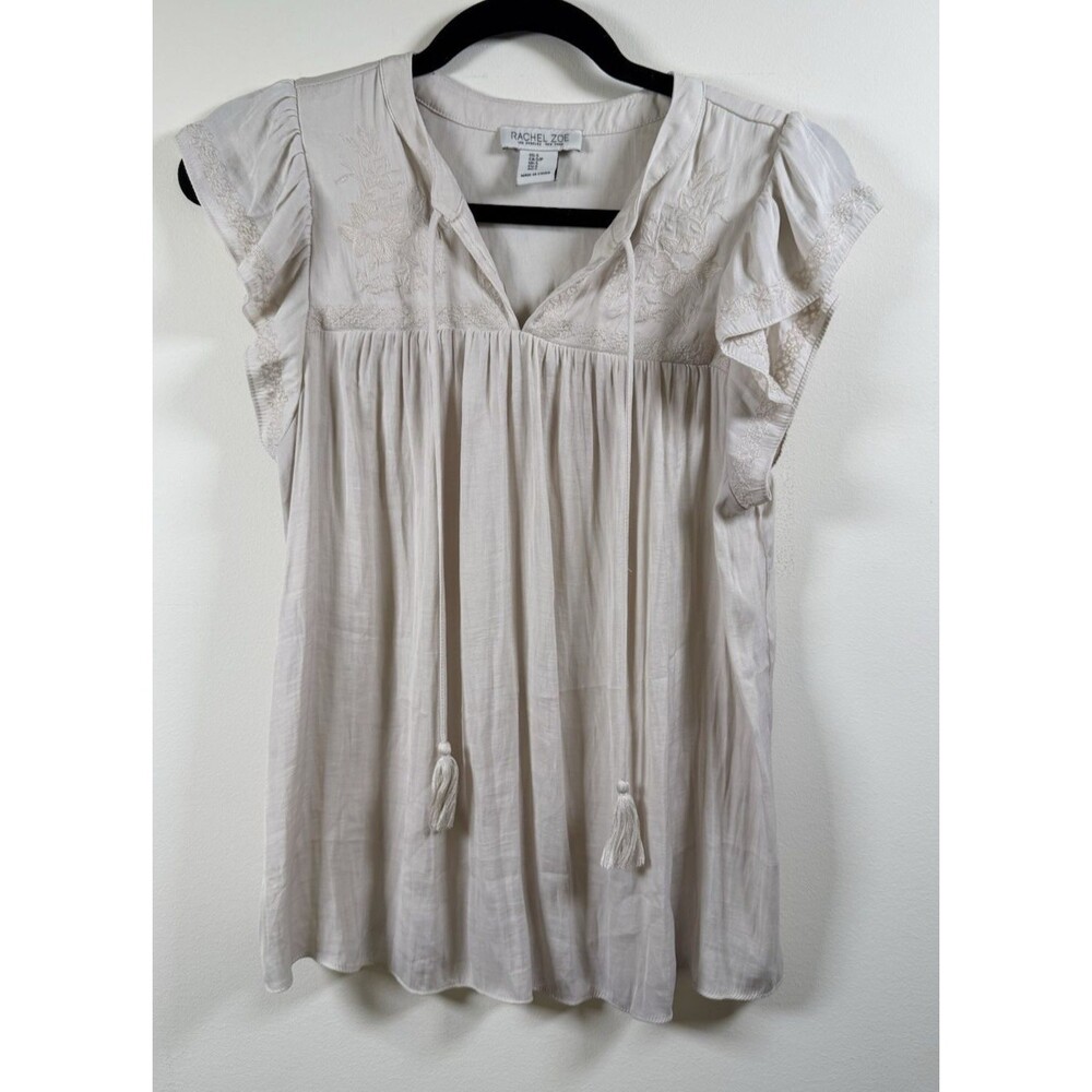 Rachel Zoe Beige Embroidered Ruffle Cap Sleeve V-Neck Blouse - S